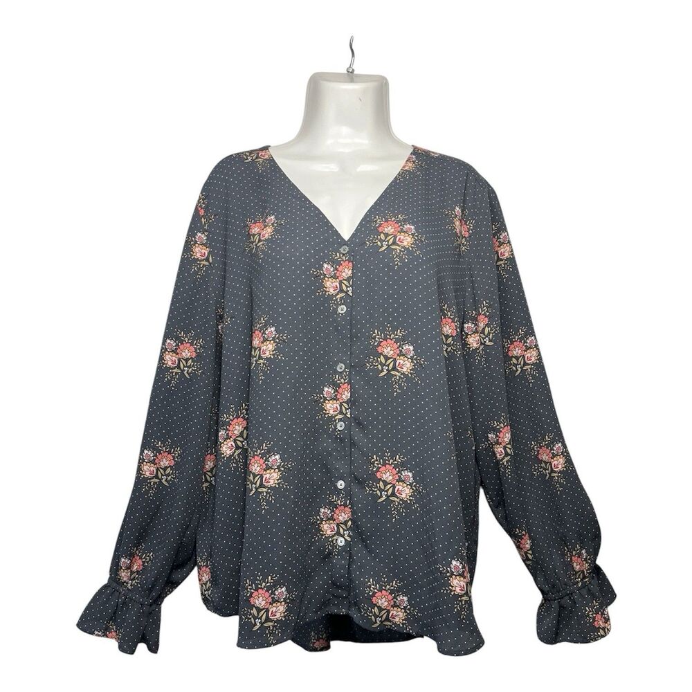 LOFT Women Button Up Blouse XL Gray Floral Polka Dot V-Neck Long Sleeve Boho Top - Picture 6 of 8